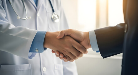 Fototapeta premium Doctor and patient shaking hands in a medical office