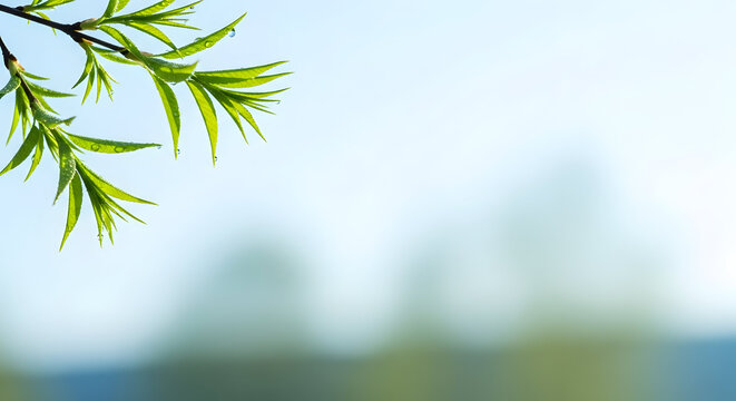 Happy easter sunday greeting with blurred background and green leaves