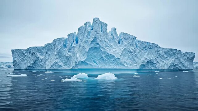 A majestic iceberg floats serenely in icy waters, showcasing nature's glacial beauty from a distant viewpoint.