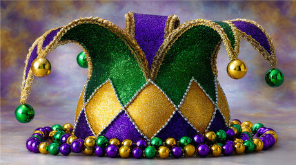 A banner for the Mardi Gras carnival. Carnival colored hat.