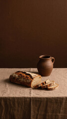 A rustic loaf of bread with a sliced piece on a linen tablecloth, accompanied by a clay jug against a dark brown background