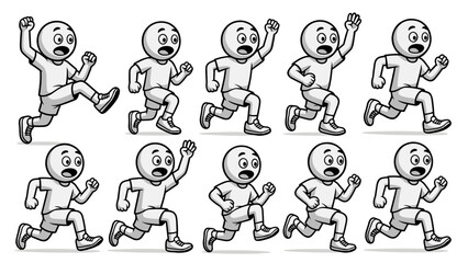 Naklejka premium Funny runner vector animation frames of a cute bald character running fast, side profile sprite sheet sequence for motion graphics, game design, mascot, or storyboard projects.