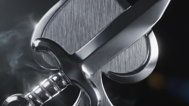Sword metal blade spade symbol fantasy game weapon silver chrome dramatic power strength smoke metal spade silver dagger reflective steel dark background spotlight metallic emblem sharp blade sleek