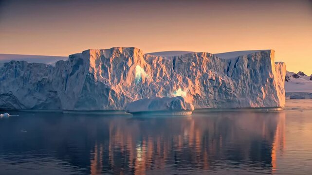 Majestic iceberg floats serenely on calm waters at sunrise with iceberg, water, landscape, nature, reflection