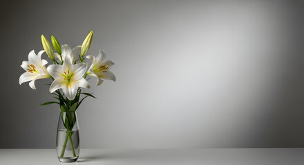 Happy easter sunday blooms a vase of white lilies on a gray background © LovelyRani