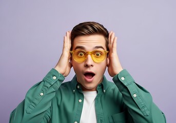 Man with yellow glasses expressing shock, hands on his head