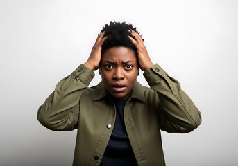 Woman with hands on head in shock or distress
