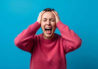 Woman screams in distress, holding her head against a blue background.