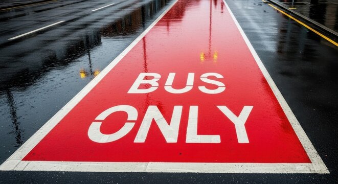 Bus Only Lane Marking in Red Paint on Wet City Asphalt Street After Rain, Urban Public Transport Infrastructure