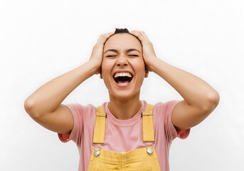 Young woman laughing with her hands on her head