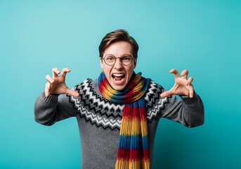 Man making a claw gesture and yelling, wearing a sweater and scarf