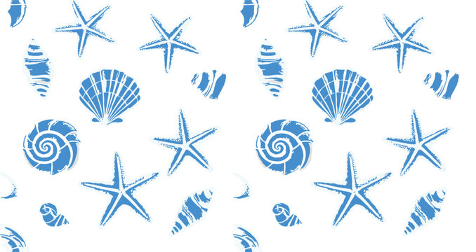 Blue seashell and starfish pattern set, marine ocean cartoon vector illustration seamless summer beach background