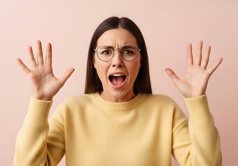Woman with distressed expression and hands raised