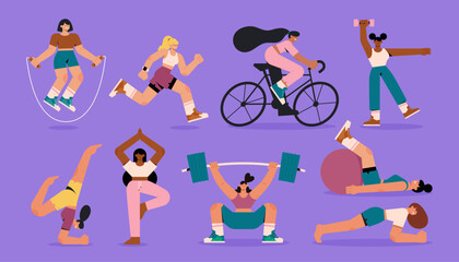 Women exercise original set flat illustration