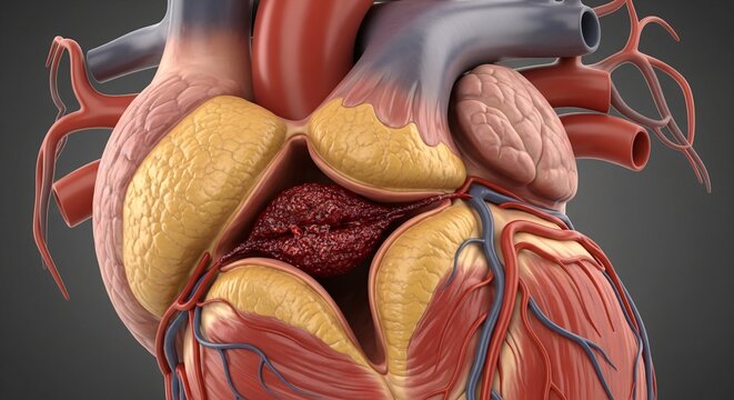 Detailed anatomical illustration of the human heart with chambers valves and major blood vessels