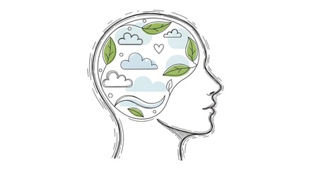 A peaceful illustration of a person's head with a serene landscape inside