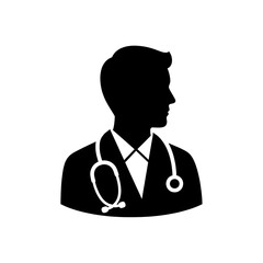 A silhouette of a male doctor wearing a stethoscope around his neck