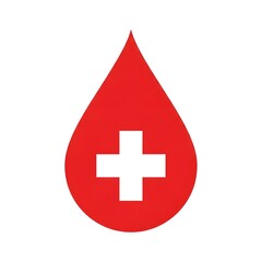 A red blood drop with a white cross on a plain background