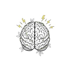 A detailed illustration of a brain with lightning bolts and leaves