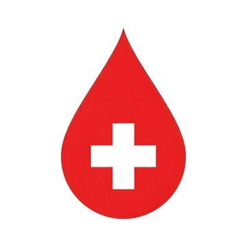 A red blood drop with a white cross on a plain background