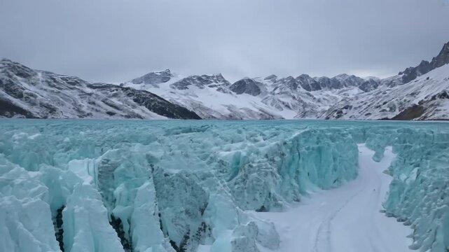 The video captures a massive, turquoise glacier face composed of sharp seracs and deep crevasses, framed by snow-capped mountains under a cloudy sky. A snowy track leads into the icy labyrinth.