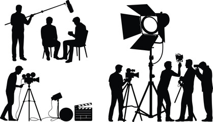 Cartoon silhouette illustration of film production crew with cameras, boom mic, clapperboard, studio lights, and interview setup. © Shirina