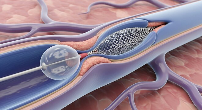 Medical illustration of angioplasty procedure showing balloon catheter and stent placement within a blood vessel