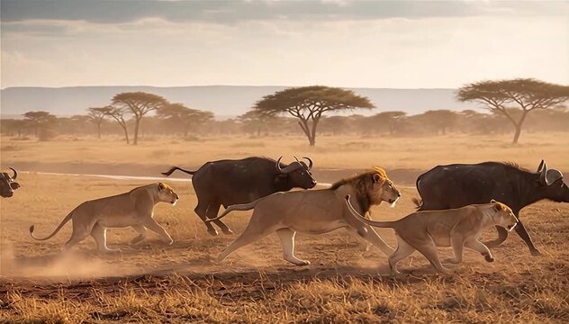 African Lions (Panthera leo) are hunting African Buffaloes (Syncerus caffer) in the Ruaha National Park, Tanzania, East Africa.
