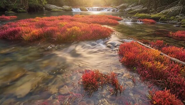 Macarenia clavigera (Rhyncholacis clavigera) bursts into bloom when sunlight reach the bottom of riverbed, Ca&ntilde;o Cristales, Colombia.
