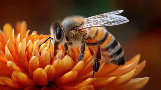 Extreme close-up of honey bee collecting pollen from a vivid orange flower, high detail wings and texture, garden macro shot