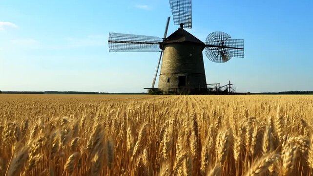 The video shows a timeless scene of a stone windmill dominating a vast golden wheat field. The ripe grain sways rhythmically in the sunlight under a clear blue sky.