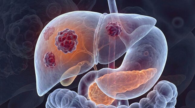 Medical illustration showing human liver and pancreas with malignant tumors growing