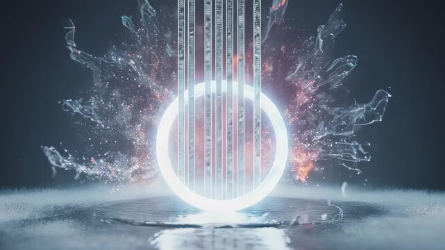 Glowing circle with vertical lines in a surreal, ethereal dreamscape