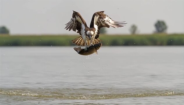 Slow motion of the osprey (Pandion haliaetus) hunting a fish, Tisza River, Hungary.