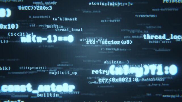 Glowing source code commands moving on a dark digital background in a seamless loop