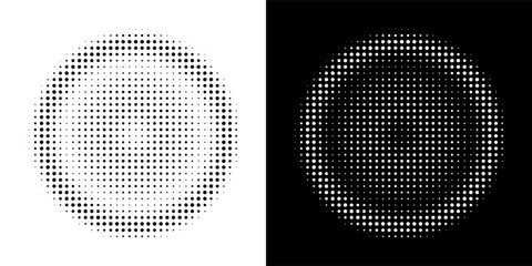 Halftone Circular Dot Pattern. Circle Frame using Halftone Dots Raster Texture. Polka Dots. Spiral logo Icon. Radial design element. Vector Illustration.