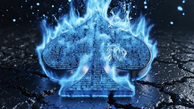 Blue flame spade digital symbol cyber fire binary code poker icon cracked ground neon glow fantasy encryption firewall hacker concept glowing edge abstract background electric energy design