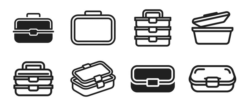 Collection of eight vector icons representing various lunch box and container designs, suitable for graphic design and food-related projects.