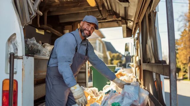 Garbage pickup man loading waste into truck, efficient waste management operation