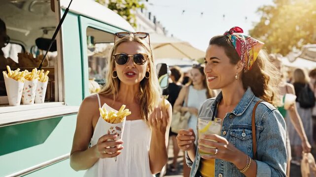 Happy young women laugh while sharing golden french fries and cold drinks, standing next to a food truck at a bustling outdoor market, enjoying the summer sunshine and festive atmosphere