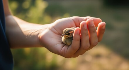 Tiny Bird Held Gently in Hand Surrounded by Greenery in Soft Natural Light