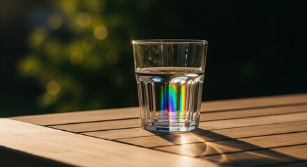 Glass of Water on Wooden Table with Rainbow Reflection in Sunlight During Golden Hour
