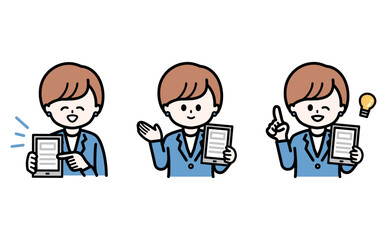 DX推進とIT活用を説明する女性スタッフの3ポーズセット。銀行や法人向けビジネス提案資料のイラスト素材。