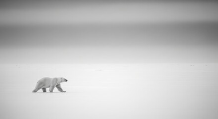 Majestic Polar Bear Walking Across Serene Ice Landscape in Black and White Photography