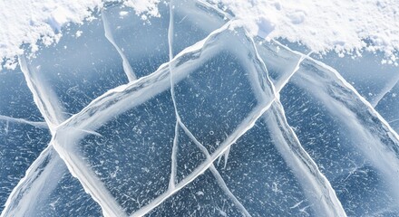 Stunning Clear Ice Patterns on Frozen Lake Surface with Snow Accents and Air Bubbles