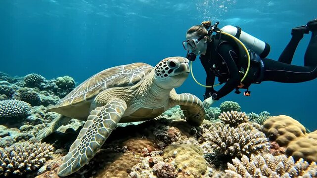 A skilled scuba diver explores a lively coral reef, gently observing a majestic sea turtle resting among diverse coral formations. This captivating underwater scene highlights the beauty of