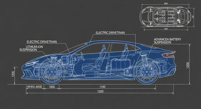 Blueprint of a modern electric car showing internal components and dimensions.