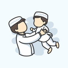 Obraz premium Father Holding Son in Islamic illustration for icon sticker and other uses hand drawn vector style.