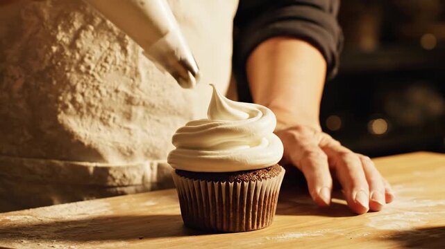 Close-up of a baker frosting a cupcake with delicious cream in kitchen.