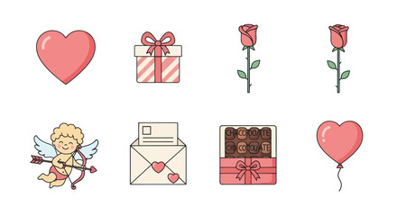 Valentine's Day Icons: Cupid, Heart, Rose, Gift Box, Chocolate, Envelope